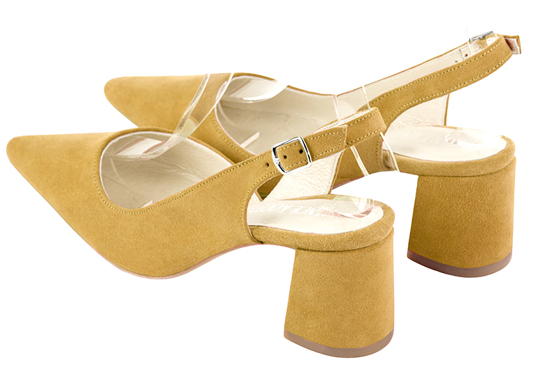 Mustard yellow women's slingback shoes. Pointed toe. Medium flare heels. Rear view - Florence KOOIJMAN
